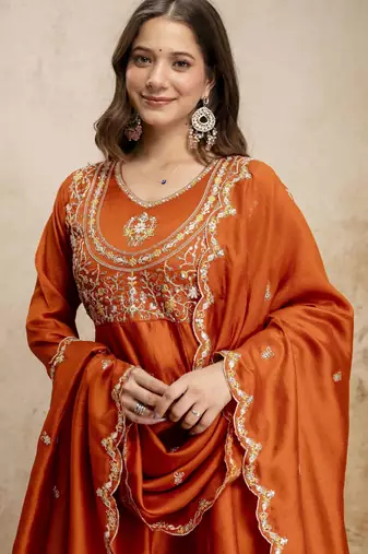 Orange color vichitra silk fabric designer embroidery work ethnic partywear salwar suit