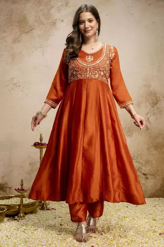 Orange color vichitra silk fabric designer embroidery work ethnic partywear salwar suit