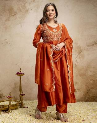 Orange color vichitra silk fabric designer embroidery work ethnic partywear salwar suit 5