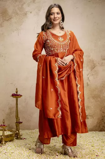 Orange color vichitra silk fabric designer embroidery work ethnic partywear salwar suit