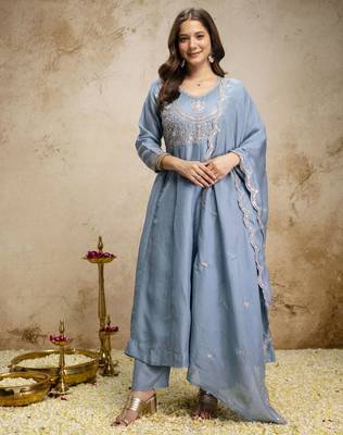 Sky blue color vichitra silk fabric designer embroidery work ethnic partywear salwar suit 1