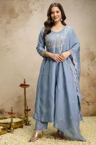 Sky blue color vichitra silk fabric designer embroidery work ethnic partywear salwar suit