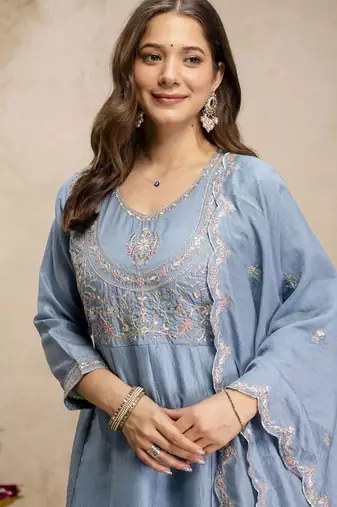 Sky blue color vichitra silk fabric designer embroidery work ethnic partywear salwar suit