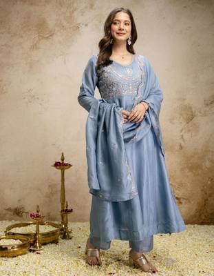 Sky blue color vichitra silk fabric designer embroidery work ethnic partywear salwar suit 5