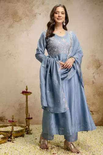 Sky blue color vichitra silk fabric designer embroidery work ethnic partywear salwar suit