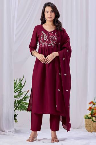 Maroon color mul cotton fabric designer embroidery work festive salwar kameez for girls