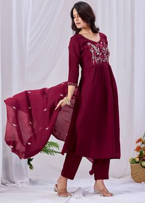 Maroon color mul cotton fabric designer embroidery work festive salwar kameez for girls 5
