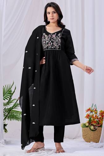 Black color mul cotton fabric designer embroidery work festive salwar kameez for girls