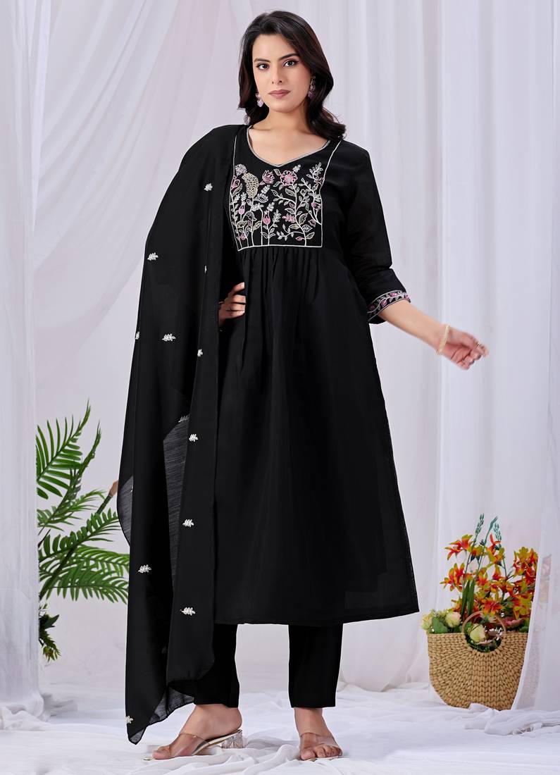 Black color mul cotton fabric designer embroidery work festive salwar kameez for girls