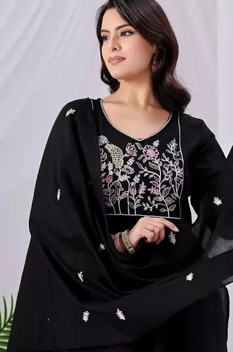Black color mul cotton fabric designer embroidery work festive salwar kameez for girls