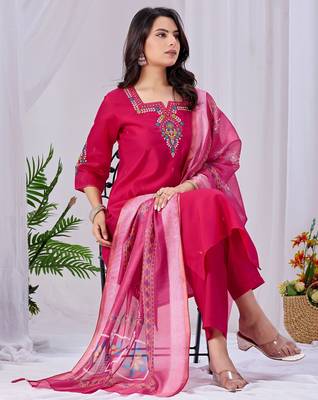 Pink color roman silk fabric designer embroidery work festive salwar kameez for girls 3