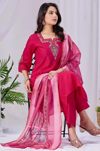 Pink color roman silk fabric designer embroidery work festive salwar kameez for girls