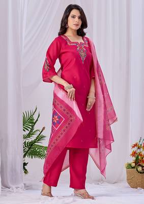 Pink color roman silk fabric designer embroidery work festive salwar kameez for girls 5