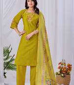 Mustard color roman silk fabric designer embroidery work festive salwar kameez for girls