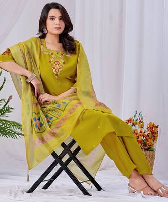Mustard color roman silk fabric designer embroidery work festive salwar kameez for girls 3