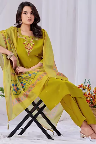 Mustard color roman silk fabric designer embroidery work festive salwar kameez for girls