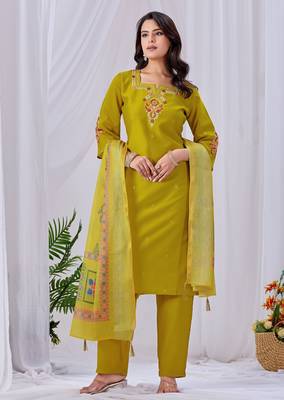 Mustard color roman silk fabric designer embroidery work festive salwar kameez for girls 5