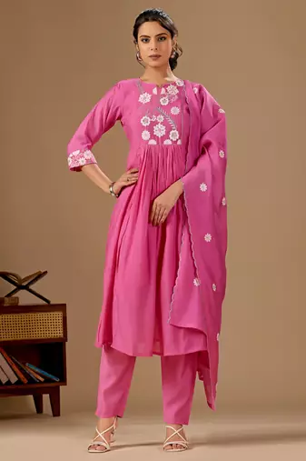 Pink color mul cotton fabric designer embroidery work festive salwar kameez for girls