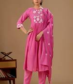 Pink color mul cotton fabric designer embroidery work festive salwar kameez for girls