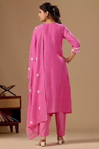 Pink color mul cotton fabric designer embroidery work festive salwar kameez for girls