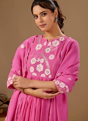 Pink color mul cotton fabric designer embroidery work festive salwar kameez for girls 3