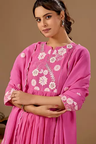 Pink color mul cotton fabric designer embroidery work festive salwar kameez for girls
