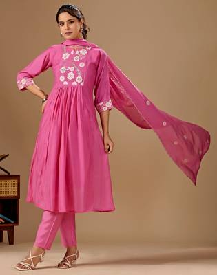 Pink color mul cotton fabric designer embroidery work festive salwar kameez for girls 4