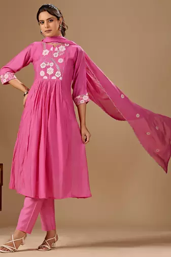 Pink color mul cotton fabric designer embroidery work festive salwar kameez for girls