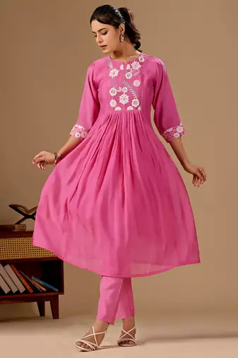 Pink color mul cotton fabric designer embroidery work festive salwar kameez for girls
