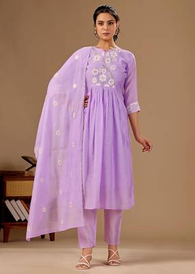 Lavender color mul cotton fabric designer embroidery work festive salwar kameez for girls 1