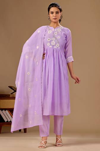 Lavender color mul cotton fabric designer embroidery work festive salwar kameez for girls