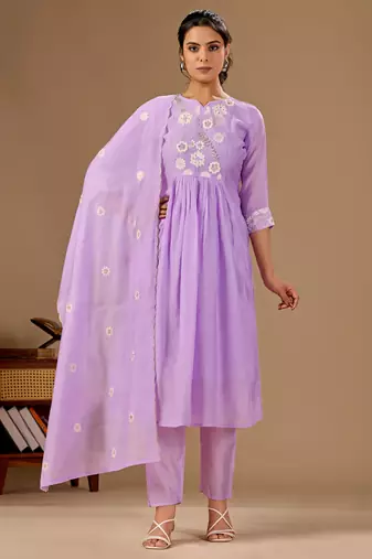 Lavender color mul cotton fabric designer embroidery work festive salwar kameez for girls