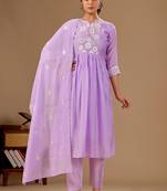 Lavender color mul cotton fabric designer embroidery work festive salwar kameez for girls