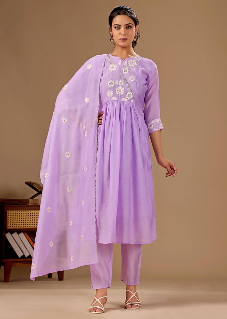 Lavender color mul cotton fabric designer embroidery work festive salwar kameez for girls