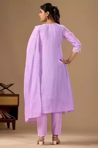 Lavender color mul cotton fabric designer embroidery work festive salwar kameez for girls