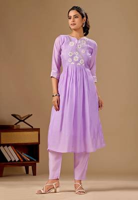 Lavender color mul cotton fabric designer embroidery work festive salwar kameez for girls 3