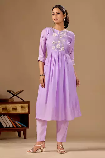 Lavender color mul cotton fabric designer embroidery work festive salwar kameez for girls