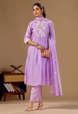 Lavender color mul cotton fabric designer embroidery work festive salwar kameez for girls 4