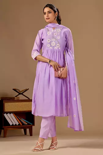 Lavender color mul cotton fabric designer embroidery work festive salwar kameez for girls