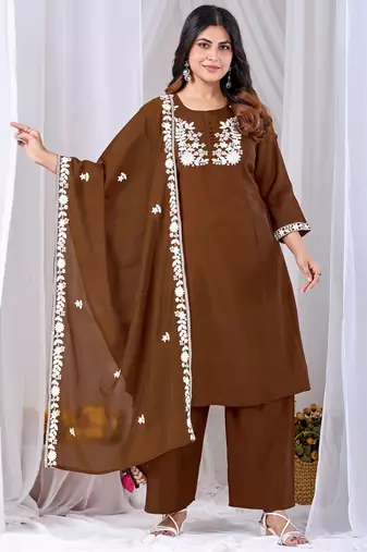 Coffee color mul cotton fabric designer embroidery work festive salwar kameez for girls