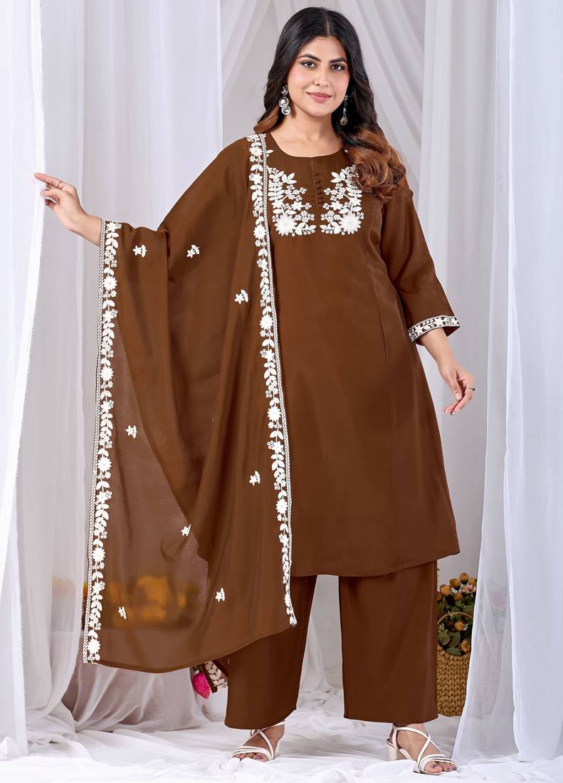 Coffee color mul cotton fabric designer embroidery work festive salwar kameez for girls