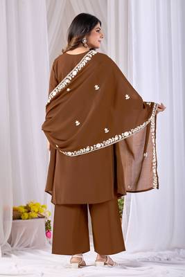 Coffee color mul cotton fabric designer embroidery work festive salwar kameez for girls 2