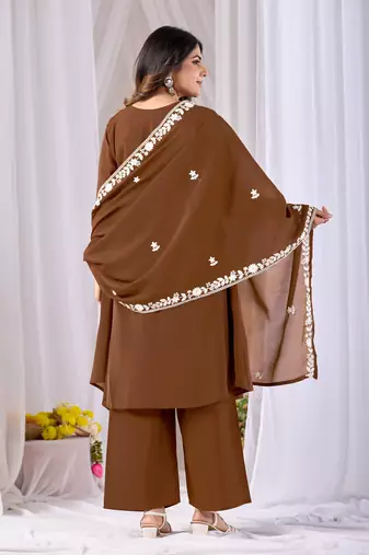 Coffee color mul cotton fabric designer embroidery work festive salwar kameez for girls
