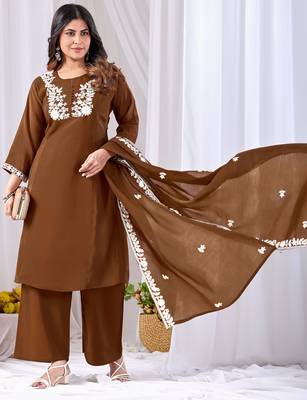 Coffee color mul cotton fabric designer embroidery work festive salwar kameez for girls 4