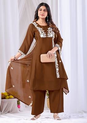 Coffee color mul cotton fabric designer embroidery work festive salwar kameez for girls 5