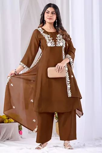Coffee color mul cotton fabric designer embroidery work festive salwar kameez for girls