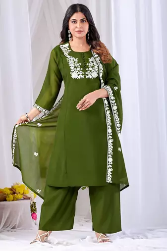 Mahendi color mul cotton fabric designer embroidery work festive salwar kameez for girls