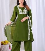 Mahendi color mul cotton fabric designer embroidery work festive salwar kameez for girls