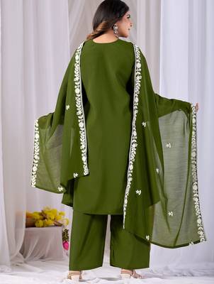 Mahendi color mul cotton fabric designer embroidery work festive salwar kameez for girls 2