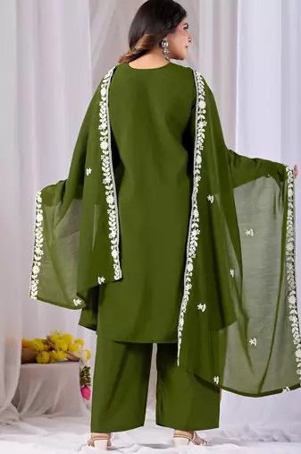 Mahendi color mul cotton fabric designer embroidery work festive salwar kameez for girls